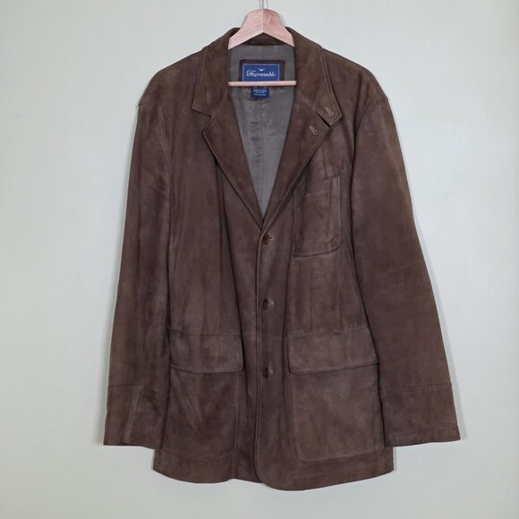 Faconnable Goatskin Suede Jacket Mens L Brown Buttons Pockets Lined 90s Preppy - Picture 1 of 16